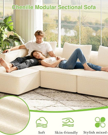 132" Sectional Couch, Locked-in Modular Sectional Sofa, Wood Frame Couches for Living Room, 22" Deep Seat U Shaped Couch with Ottoman Chenille Cloud Sofa Tool-Free Setup Sofas for Living Room