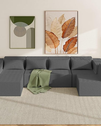 Minimalist Modular Corduroy Cloud Couch Sectional – Oversized Boneless Memory Foam Sofa for Living Room, Modern Comfy Couch, No Assembly Needed（130" U Shaped Boneless Sofa 5-Seater + 1*Ottoman,Grey）