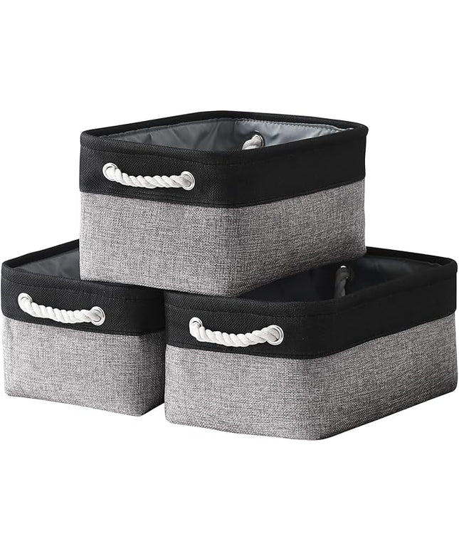 TheWarmHome Storage Basket for Organizing - 14x10x7 inch Medium 3 Pack Collapsible Storage Bin for Shelves with Rope, Fabric Storage Cubes for Organizer Cloth Gift Toy Closet (Black & Grey)