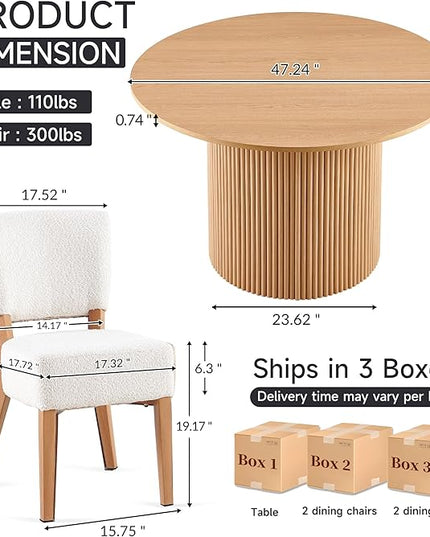 47 Inch Round Dining Table Set for 4, Modern Mid Century Circle Kitchen Dinner Wood Table with 4 Upholstered Stackable Dining Room Chairs for Living Room Apartment, Oak & White