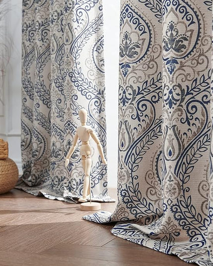 jinchan Linen Textured Curtains for Living Room Darkening 72 Inch Length, Medallion Drapes for Bedroom, Damask Pattern Window Treatments Vintage Curtain Panels, 2 Panels Blue on Greige