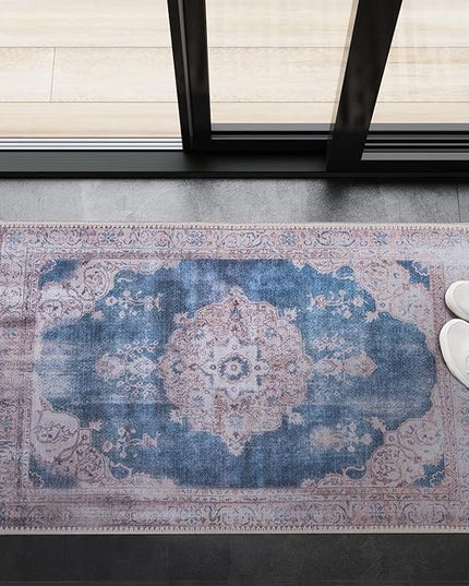 GLN Rugs Traditional Collection - Machine Washable Area Rug, Traditional Washable, Non Slip, Low Pile Chenille Rug, Living Room, Bedroom, Kitchen Rug (2'6"x6'6" Cream/Navy)
