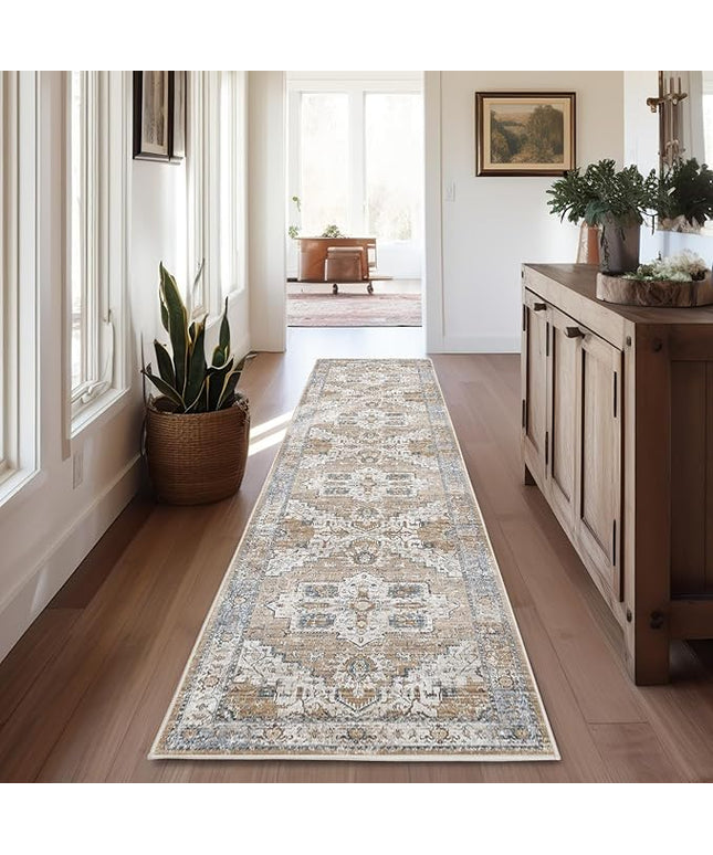jinchan Tribal Runner Rug 2x8 for Hallway - Kitchen Machine Washable Vintage Floral Non-Slip with Rubber Backing Ultra-Thin Low-Pile Carpet Runner for Entryway Bedroom Laundry Room (2x8ft, Orange)