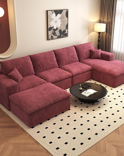 136.6'' U-Shaped Modern Modular Sectional Cloud Couch Whit Ottoman, 4-Seat Chenille Deep-Seat Sofa with Pillow for Living Room, Bedroom, Apartment, Wine Red