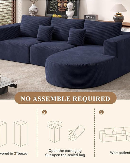 Boneless Couches for Living Room,Modular Sectional Sofa with Ottoman,Cloud Couch in a Box,Sponge Compression U Shaped Sofas with Chaise No Assembly Required(Blue-Corduroy Fabric) 1pcs