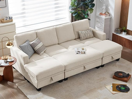 CHIC HOUSE Corduroy Modular Sectional Couch with Ottoman Chaise, L/U Shaped Sleeper Sofa for Living Room, Apartment, Lounge, Modern Armrest Neck Support Furniture (8 Seater Sleeper, Beige)