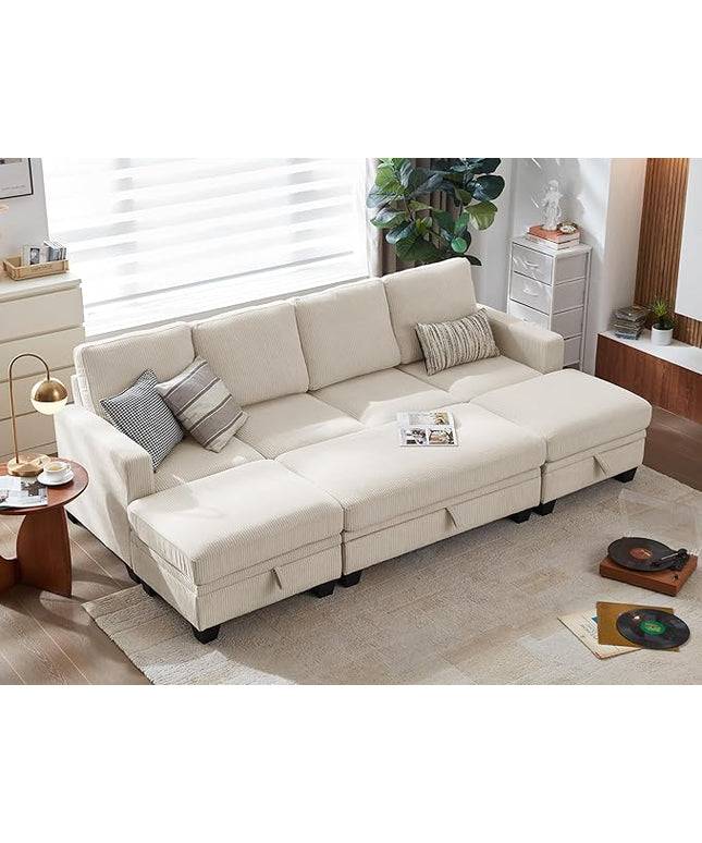 CHIC HOUSE Corduroy Modular Sectional Couch with Ottoman Chaise, L/U Shaped Sleeper Sofa for Living Room, Apartment, Lounge, Modern Armrest Neck Support Furniture (8 Seater Sleeper, Beige)