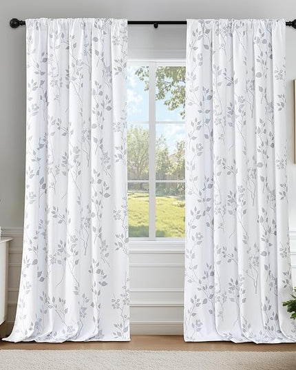 Beauoop Floral 100% Blackout Curtains 96 Inches Long 2 Panels for Bedroom Living Room Grey White Flower Patterned Room Darkening Thermal Insulated Soundproof Rod Pocket Back Tab Window Drapes, 52X96
