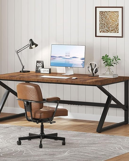 IBF 70 Inch Rustic Brown Desk, Industrial Large Metal Wood Double Computer Desk, Long Home Office Desks Table for 2 People Executive Work Writing Study Gaming, Farmhouse Big Two Person Desk in Bedroom