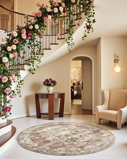 jinchan Round Rug 5ft Area Rug - Brown Vintage Floor Mat Kitchen Indoor - Washable Circle 5' Thin Floral Print Carpet Retro Farmhouse Non Slip Dining Room Living Room Bedroom Office