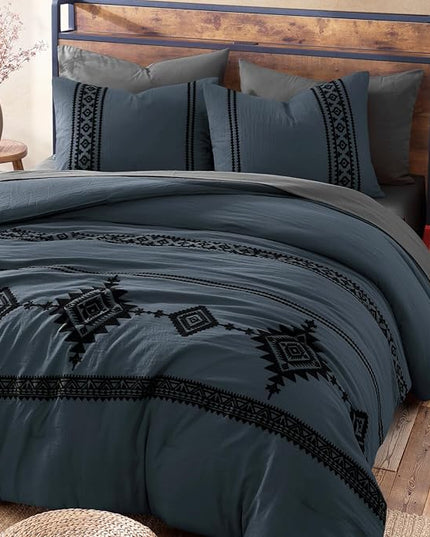 MaiRêve Embroidery King Size Comforter Set Blue Grey, Boho Farmhouse Western Bedding Set 7 Pieces, All Season Bed in A Bag Comforter Set with Sheets, Pillowcases & Shams