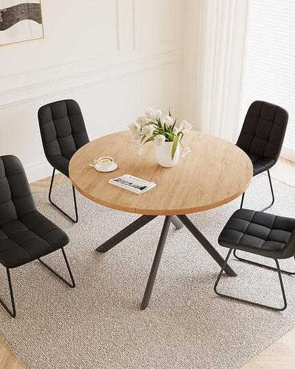 45.3 Inch Round Dining Table Set for 4, Mid Century Modern Small Kitchen Coffee Set for Dining Room Kitchen Apartment (Oak Table + 4 U-Shaped Black Chairs)