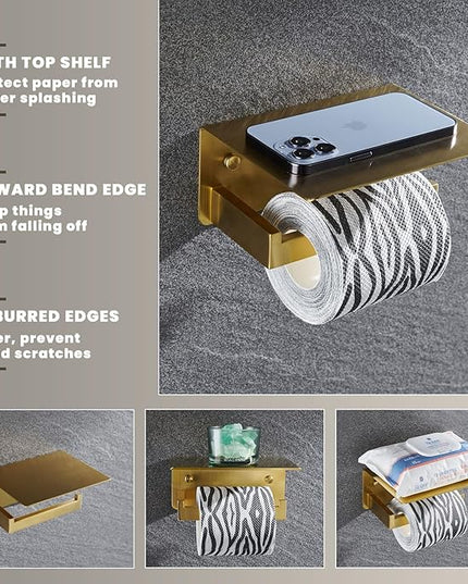 Toilet Paper Holder with Shelf, Suyar 304 Stainless Steel Wall Mount Toilet Paper Roll Holder with Phone Shelf, Brushed Gold