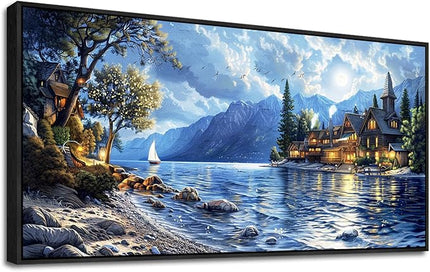 XIGUANGART Coastal Wall Art Blue Ocean Picture Mountain Wall Decor Lake Beside Countryside Large Canvas Print Art for Living Room Bedroom Home Office Forest Scenery Painting Decoration Framed Artwork