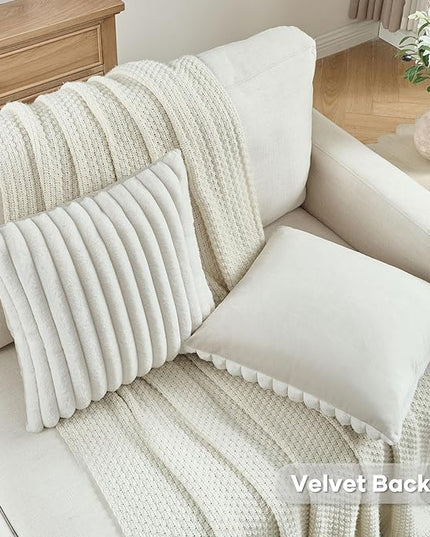 FUTEI Cream Throw Pillow Covers Set of 2, 28x28 Inch Striped Texture Euro Pillow Shams with Soft Faux Rabbit Fur Front & Velvet Back, Modern Decorative Couch Pillows for Living Room
