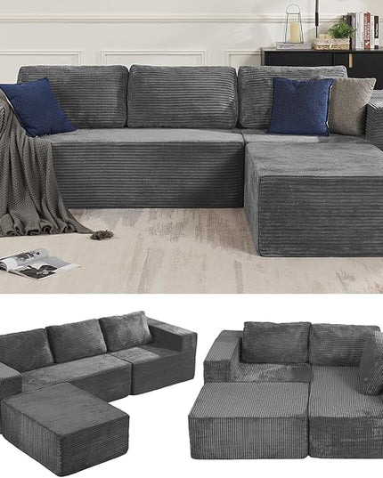 106" Modular Sectional Sofa with L-Shape Chaise, Right/Left Facing Deep Seat Cloud Couch, No Assembly Required, Upholstered Couch for Living Room Bedroom (Plush Corduroy Fabric, Grey)