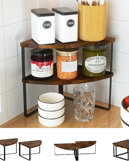 Corner Shelf Countertop Organizer - Set of 2 Corner Shelves for Kitchen Cabinet Organizer, Spice Rack, Stackable Bathroom Organizers and Storage, Sink Rack, Corner Cabinet, Counter Decor, Rustic Brown