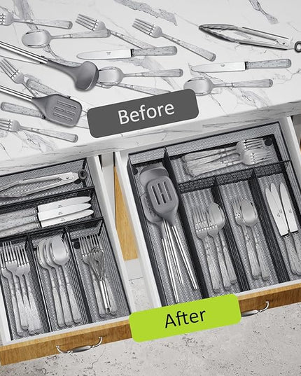 Neudeco Drawer Organizer Set 6 Pack - 5-Compartment Silverware Organizer Tray + 5 Utensil Trays, Kitchen Drawer Organizer for Flatware, Cutlery, Office Supplies, Black Mesh, Non-Slip.