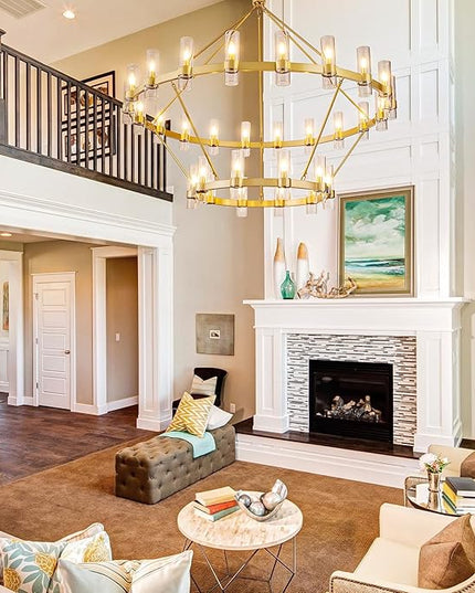 60 Inch Gold Wagon Wheel Chandelier with Glass Shade, 30 Lights, 2 Tier Round Modern Farmhouse Chandelier, High Ceilings Pendant Lighting Fixture for Dining Room, Living Room, Kitchen, Foyer