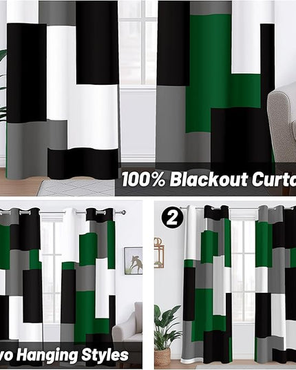 Green 100% Blackout Curtains for Bedroom 84 inch Length 2 Panels Set White Grey Modern Abstract Geometric Black Out Curtains Insulated Room Darkening Window Drapes for Living Room, 42Wx84L