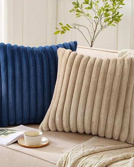 Pallene Faux Fur Plush Throw Pillow Covers 26x26 Set of 2, Luxury Soft Fluffy Striped Decorative Pillow Covers for Sofa, Couch, Living Room, Navy Blue