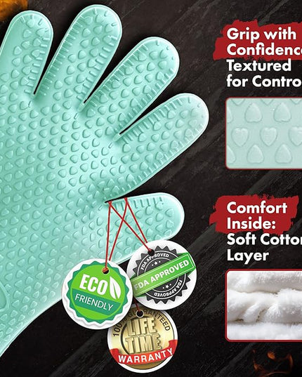 KITCHEN PERFECTION XL Silicone Smoker Oven Gloves-Extreme Heat Resistant BBQ Gloves-Handle Hot Food Right on Your Grill Fryer&Pit|Waterproof Grilling Cooking Baking Mitts|Superior Value Set+3 Bonuses