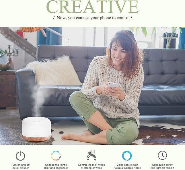 ASAKUKI Smart Wi-Fi Essential Oil Diffuser, App and Voice Control Compatible with Alexa, 500ml Aromatherapy Humidifier for Relaxing Atmosphere in Home Office Bedroom Gold