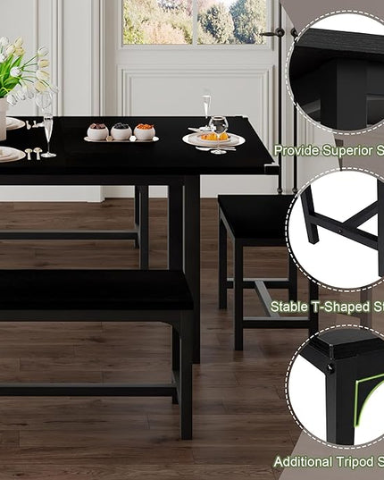 Feonase 5-Piece Dining Table Set for 4-8 People, 63" Large Extendable Kitchen Table Set with 2 Benches and 2 Square Stools, Dining Room Table with MDF Wood Board, Easy Assembly, Black