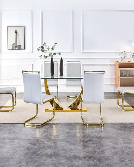 63” Glass Dining Table Set for 6,Gold Dining Room Table Set for 6,Modern Kitchen Table and PU Leather Chairs for 6, Rectangle Tempered Glass Top and Golden Base