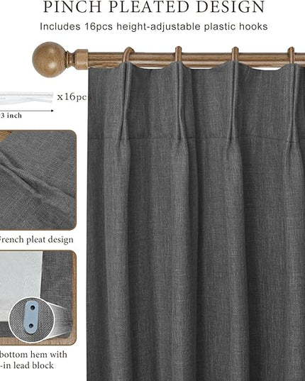 IVAPUPU Linen Pinch Pleated Full Blackout Curtains for Bedroom - 2 Pages Black Out Grey Curtains 108 Inch Long 2 Panel for Living Room Darkening Thermal Window Curtain Drapes with 16pc Hooks