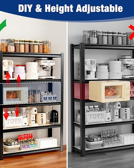 WORKPRO House 5-Tier Shelving Unit, Adjustable Heavy Duty Storage Shelves, Wood Grain Pattern, Waterproof Board, 3000lbs Boltless Shelving for Kitchen, Living Room, Garage, 48"W x 24"D x 72"H, Black
