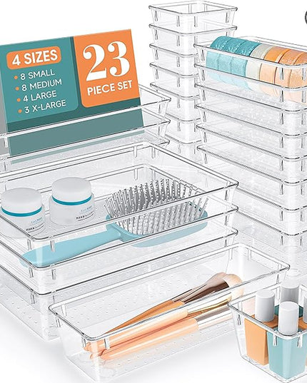23 PCS Clear Plastic Drawer Organizers Set, 4 Size Desk Drawer Organizer Trays for Makeup, Jewelry, Kitchen Utensils, Gadgets and Office Accessories