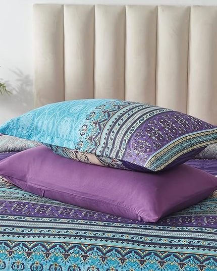 Cottolester Boho Comforter Set Full Size 8 Piece Bed in a Bag Bohemian Striped Bedding Quilt Set Aqua Paisley Floral Comforter and Sheet Set,Soft Microfiber Complete Bedding Sets for All Season