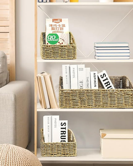 Ollieroo Natural Seagrass Storage Baskets, Handwoven Wicker Storage Bins with Built-in Handles, Storage Container Baskets for Shelves, Bedroom, Bathroom, Laundry Room or Kitchen(Green)