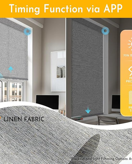 Persilux Smart Motorized Blinds with Remote, No Drill Automatic Roller Shades for Indoor Windows, Light Filtering Linen Fabric, Electric Blinds for Windows, Linen Grey C156-5, Custom Size