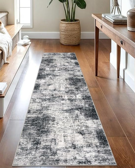IOHOUZE Abstract Runner Rug 2x8 Ft Washable Runners for Hallways, Non Slip Kitchen Runner Printed Faux Wool Entryway Runner Indoor, Modern Abstract Floor Carpet for Hall Kitchen Bedroom, Black Gey