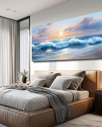 XIGUANGART Blue Ocean Paintings Canvas Prints Wall Art for Living Room Large Wall Decor for Bedroom Modern Minimalist Artwork Beach Sunrise Sea Wave Nature Pictures Office and Bathroom Home Decor