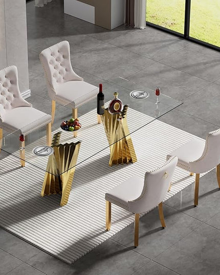 5 Piece Glass Dining Table Set,70" Dinner Room Glass Table Set for 4,Modern Kitchen Dinner Table Set with Stainless Steel Base and 4 Upholstered Velvet Dining Chairs for Living Dining Room