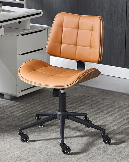 Home Office Desk Chair with Wheels, Adjustable Height Armless Office Chair, PU Leather Mid Back 360° Small Computer Chair, Modern Walnut Chair No Arms for Office, Reading Meeting Room(Brown)
