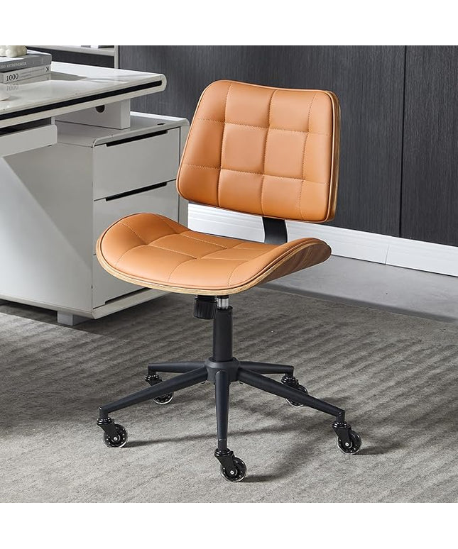 Home Office Desk Chair with Wheels, Adjustable Height Armless Office Chair, PU Leather Mid Back 360° Small Computer Chair, Modern Walnut Chair No Arms for Office, Reading Meeting Room(Brown)
