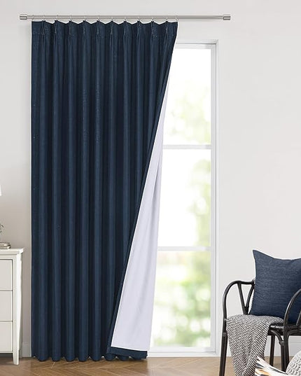 Vision Home Navy Blue Pinch Pleated Full Blackout Curtains Linen Blended Room Darkening Window Panels 90 inch for Living Room Bedroom Thermal Insulated Pinch Pleat Drapes with Hooks 60" Wx90 Lx1