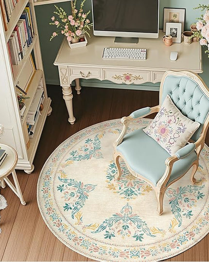jinchan Round Rug 5ft Area Rugs Vintage Floral Distressed Design, Machine Washable Soft Non-Slip Low-Pile Ultra-Thin Circle Rug for Entryway Living Room Dining Room Bedroom (5' Round, Apricot Multi)