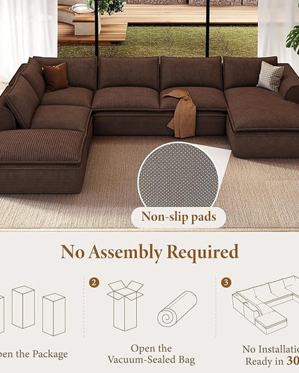 Vesgantti 141.7" U Shaped Boneless Sectional Couch, Modern 6 Seater Modular Sofa with Chaise & Ottoman, Deep Seat Corduroy Cloud Couches for Living Room, No Assembly Required, Dark Brown