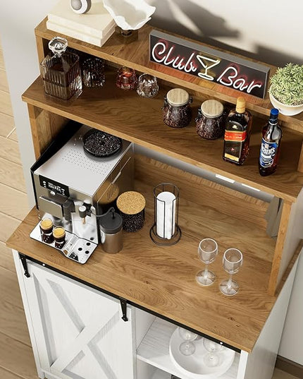 Farmhouse Coffee Station with 3 Tier Storage Hutch & 6 Hooks - 56 Inch Small Coffee Bar Table with Adjustable Shelves for Living/Dining Room