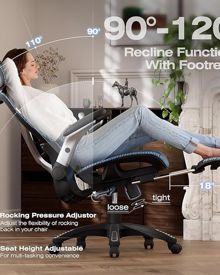ELABEST X100 Ergonomic Office Chair with Footrest, Big and Tall Home Desk Chair with 5D Flip-Up Arms, Adjustable 3D Lumbar Support,High Back Rolling Computer Chair, Swivel Mesh Chairs (Oaxaca Blue)