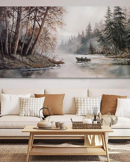 HGUAOA Mountain Canvas Wall Art Rustic Lake Landscape - Nature & Forest Scenery Paintings Pictures for Living Room & Bedroom Wall Decor Vintage Artwork for Walls