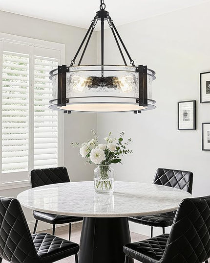 4-Light Black Texture Glass Drum Chandelier, 20.5" Modern Luxury Round Light Fixture for Dining Room Bedroom Foyer Living Room Entryway Kitchen
