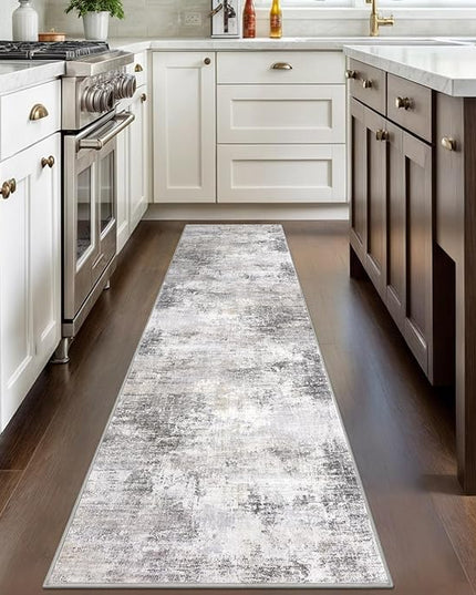 IOHOUZE Abstract Runner Rug 2x8 Ft Washable Runners for Hallways, Non Slip Kitchen Runner Printed Faux Wool Entryway Runner Indoor, Modern Abstract Floor Carpet for Hall Kitchen Bedroom, Grey Beige