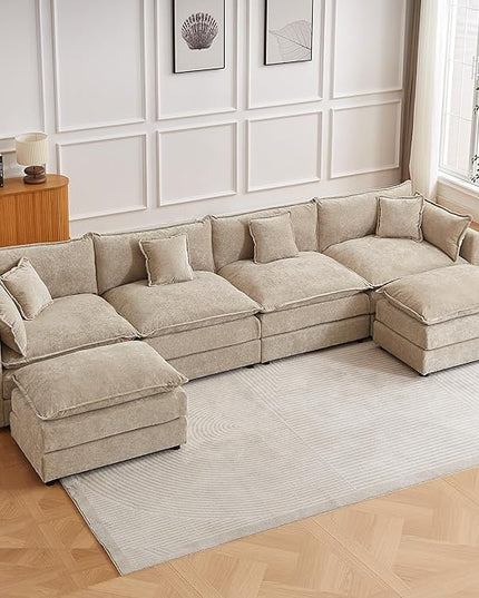 Modular Sectional Sofa, 147.2 Inch U Shaped Couch Set with Armrests, 4-Seater Comfy Cloud Couches with Movable Ottoman for Living Room Apartment, Coffee