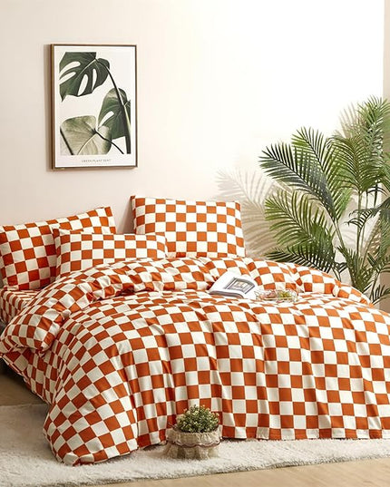 CLOTHKNOW Rust Beige Plaid King Size Comforter Set 3Pcs Grid Bedding Comforter Sets Soft Lightweight Caramel Comforter King Checker Comforter